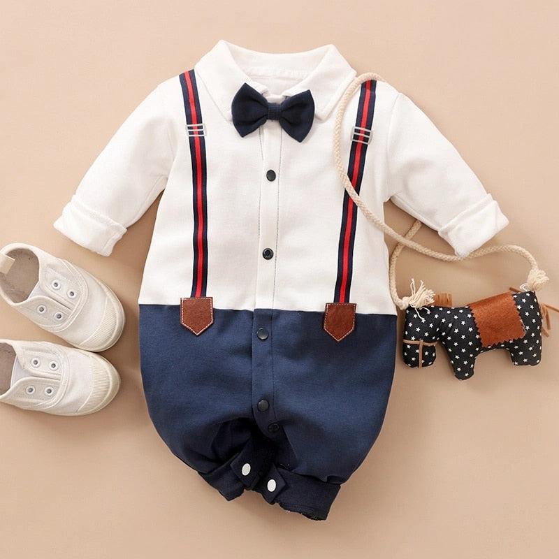 Spring and Autumn Cotton Casual Newborn Crawling Dress Baby Boy's Grace Imitation Long Sleeve Gentleman Small Bow Tie Jumpsuit