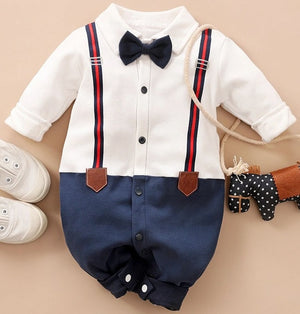 Spring and Autumn Cotton Casual Newborn Crawling Dress Baby Boy's Grace Imitation Long Sleeve Gentleman Small Bow Tie Jumpsuit