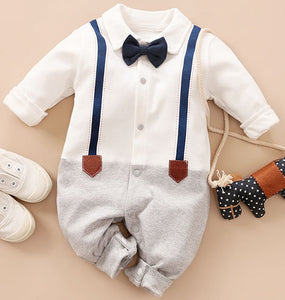 Spring and Autumn Cotton Casual Newborn Crawling Dress Baby Boy's Grace Imitation Long Sleeve Gentleman Small Bow Tie Jumpsuit