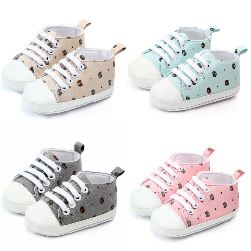 New Baby First Walkers Newborn Infant Baby Boy Girl Bear Printed Pram Shoes Soft Prewalker Anti-crip Sneaker Canvas Shoes 0-18M