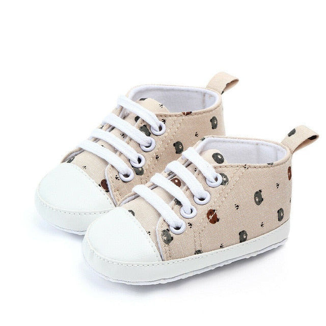 New Baby First Walkers Newborn Infant Baby Boy Girl Bear Printed Pram Shoes Soft Prewalker Anti-crip Sneaker Canvas Shoes 0-18M