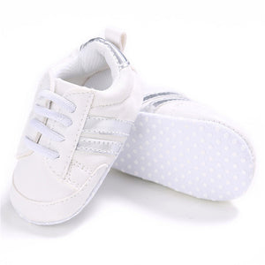 2019 Baby Shoes Newborn Boys Girls Two Striped First Walkers Kids Toddlers Lace Up PU Leather Soft Soles Sneakers 0-18 Months