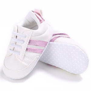 2019 Baby Shoes Newborn Boys Girls Two Striped First Walkers Kids Toddlers Lace Up PU Leather Soft Soles Sneakers 0-18 Months