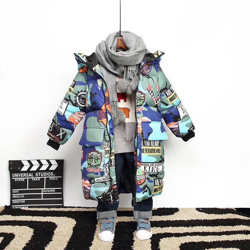 Children Winter down cotton Jacket for Boys Hooded  Jackets Graffiti Camouflage Parkas  For Teenagers coat snowsuit Overcoat