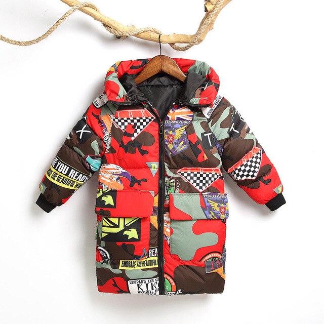 Children Winter down cotton Jacket for Boys Hooded  Jackets Graffiti Camouflage Parkas  For Teenagers coat snowsuit Overcoat