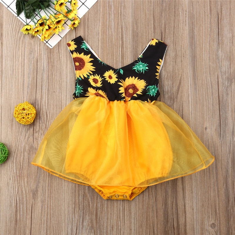 Summer Casual Baby Clothing Cute Baby Girl Rompers Sunflower Sleeveless Jumpsuit Kids Party Tutu Princess Dress 0-18M