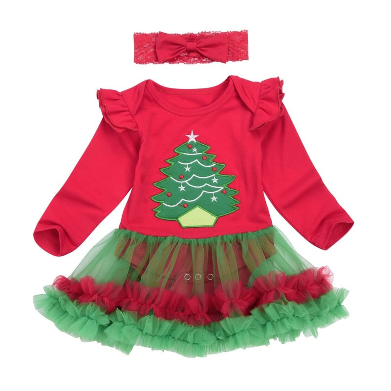 Christmas Kids Baby Girls Tutu Mesh Tulle Dress+Lace Headband Rompers Sets Santa Claus Long Sleeve Jumpsuit Outfits Sets