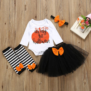 3PC Baby Long Sleeve Halloween Letter Printed Robe Bag + TuTu Dress Hair Band + Striped Legs Set Letter Romper Striped Set A1