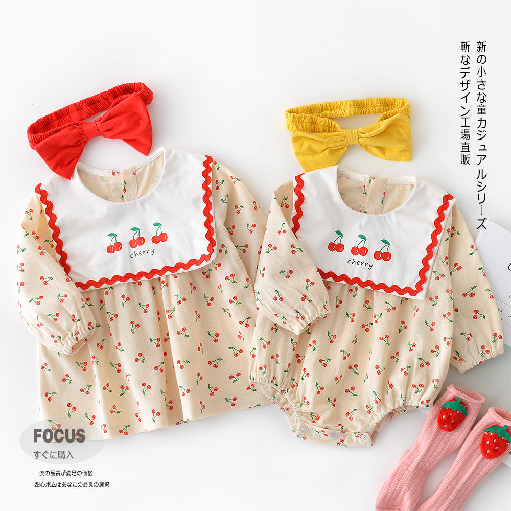 Baby Sister Rompers Outfit 1-3y Toddler Baby Doll Collar Cherry Triangle Climbing Dress Clothlong Sleeved Girl Cotton Jumpsuits