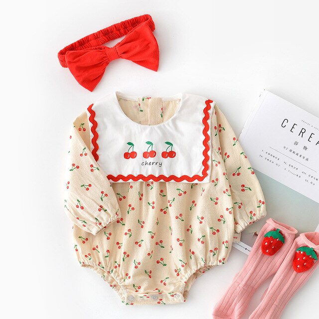 Baby Sister Rompers Outfit 1-3y Toddler Baby Doll Collar Cherry Triangle Climbing Dress Clothlong Sleeved Girl Cotton Jumpsuits