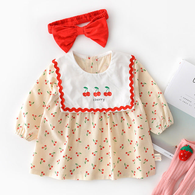 Baby Sister Rompers Outfit 1-3y Toddler Baby Doll Collar Cherry Triangle Climbing Dress Clothlong Sleeved Girl Cotton Jumpsuits