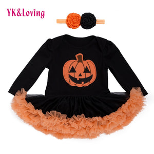 Halloween Baby Costume Girls Rompers Dresses Newborn Pumpkin Black Jumpsuits Dress Infant Cartoon Printed Children Party Outfit