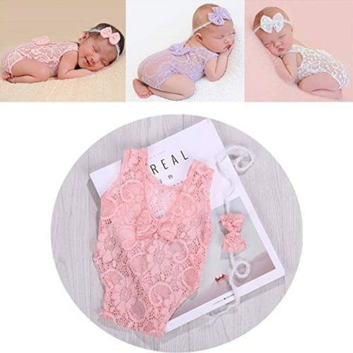 Brand New Newborn Baby Boys Girls Lace Bow Bodysuit Stretch Headband Infant Photography Photo Prop Jumpsuit Cute Clothes